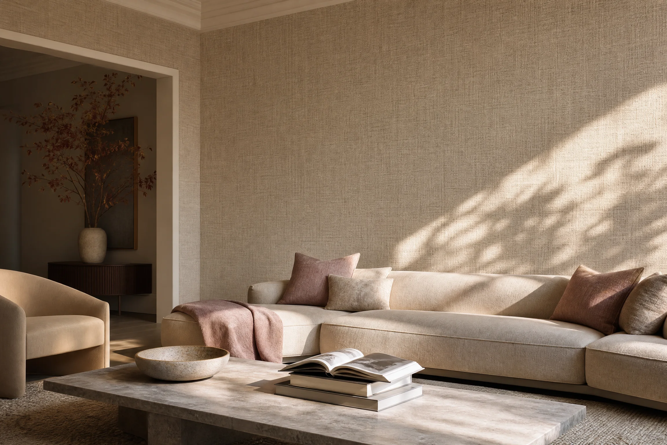 Sophisticated living room interior with textured wallpaper